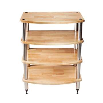 Pangea Audio Vulcan Four Shelf Audio Rack, Media Stand, and Components Cabinet 4 Shelf Natural Parawood with Silver Posts