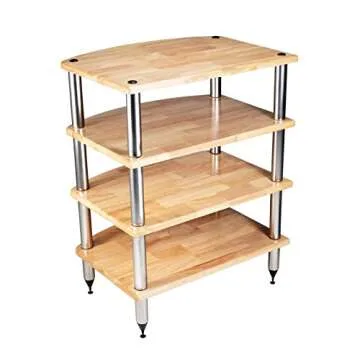 Pangea Audio Vulcan Four Shelf Audio Rack, Media Stand, and Components Cabinet 4 Shelf Natural Parawood with Silver Posts