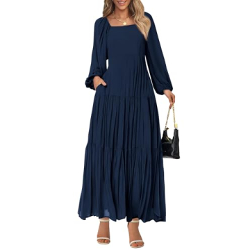 BTFBM Women Square Neck Puff Long Sleeve Dress Smocked Tiered Flowy Casual Fall Wedding Guest Maxi D...