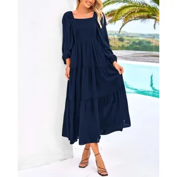 BTFBM Women Square Neck Puff Long Sleeve Dress Smocked Tiered Flowy Casual Fall Wedding Guest Maxi Dresses with Pockets(Navy, Small)