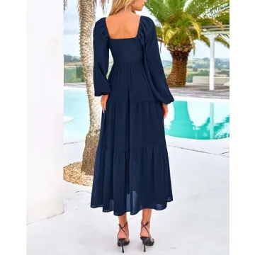 BTFBM Women Square Neck Puff Long Sleeve Dress Smocked Tiered Flowy Casual Fall Wedding Guest Maxi Dresses with Pockets(Navy, Small)