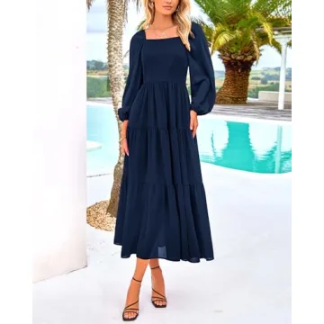 BTFBM Women Square Neck Puff Long Sleeve Dress Smocked Tiered Flowy Casual Fall Wedding Guest Maxi Dresses with Pockets(Navy, Small)