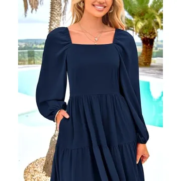 BTFBM Women Square Neck Puff Long Sleeve Dress Smocked Tiered Flowy Casual Fall Wedding Guest Maxi Dresses with Pockets(Navy, Small)
