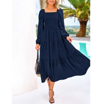 BTFBM Women Square Neck Puff Long Sleeve Dress Smocked Tiered Flowy Casual Fall Wedding Guest Maxi Dresses with Pockets(Navy, Small)