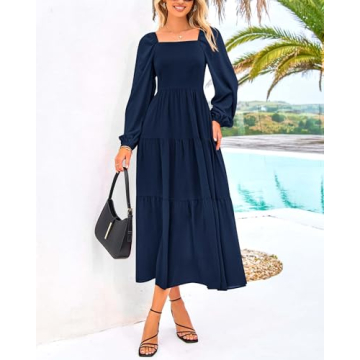 BTFBM Women Square Neck Puff Long Sleeve Dress Smocked Tiered Flowy Casual Fall Wedding Guest Maxi Dresses with Pockets(Navy, Small)