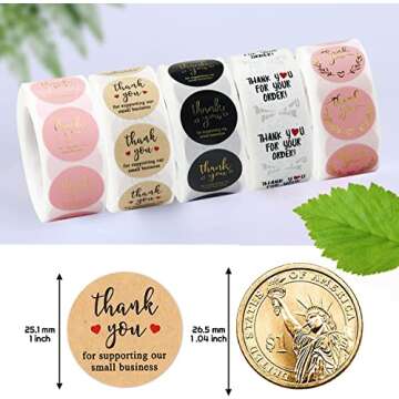 Thank You Stickers Small Business - 5 Rolls 2500 Pieces Thank You Stickers Labels for Envelopes, Bubble Mailers and Gift Bags Packaging, 1 Inch，500 Pieces Each Roll