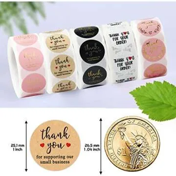 Thank You Stickers Small Business - 5 Rolls 2500 Pieces Thank You Stickers Labels for Envelopes, Bubble Mailers and Gift Bags Packaging, 1 Inch，500 Pieces Each Roll