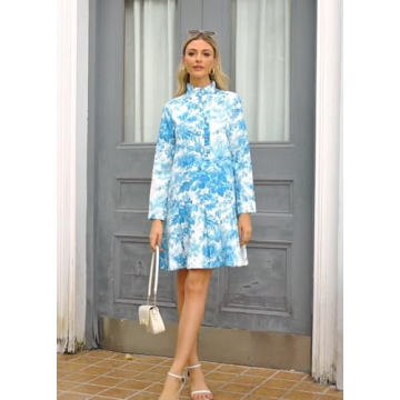 EZAPINE Women Floral Mini Dress Long Sleeve Stand Collar Button Up Elegant Work Swing Short Pleated Dress