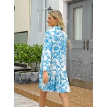 EZAPINE Women Floral Mini Dress Long Sleeve Stand Collar Button Up Elegant Work Swing Short Pleated Dress