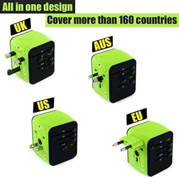 Limechoes International Travel Adapter Universal Power Adapter European Plug Converter Worldwide All in One with 2.4A 4 USB Ports and AC Socket US to Europe Plug Adapter for UK USA EU AUS Asia (Green)