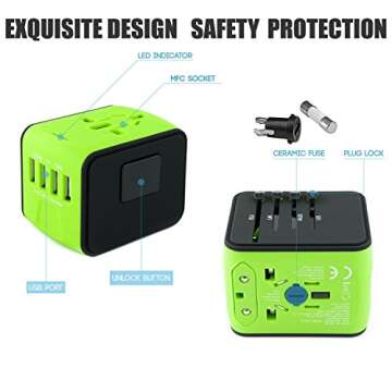 Limechoes International Travel Adapter Universal Power Adapter European Plug Converter Worldwide All in One with 2.4A 4 USB Ports and AC Socket US to Europe Plug Adapter for UK USA EU AUS Asia (Green)