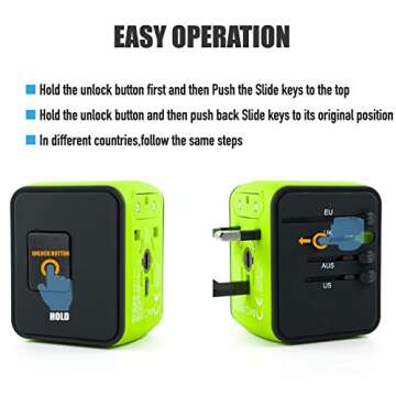 Limechoes International Travel Adapter Universal Power Adapter European Plug Converter Worldwide All in One with 2.4A 4 USB Ports and AC Socket US to Europe Plug Adapter for UK USA EU AUS Asia (Green)