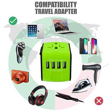 Limechoes International Travel Adapter Universal Power Adapter European Plug Converter Worldwide All in One with 2.4A 4 USB Ports and AC Socket US to Europe Plug Adapter for UK USA EU AUS Asia (Green)