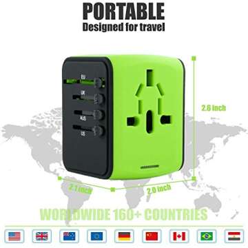 Limechoes International Travel Adapter Universal Power Adapter European Plug Converter Worldwide All in One with 2.4A 4 USB Ports and AC Socket US to Europe Plug Adapter for UK USA EU AUS Asia (Green)