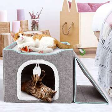 Upgraded Cat Beds for Indoor Cats - Foldable Cat Cube Cave House with Removable Sisal Rope Cat Scratcher and Fluffy Ball Hanging for Kitty Play, Outdoor Feral Cat Kitten Shelter with Warm Plush Bed