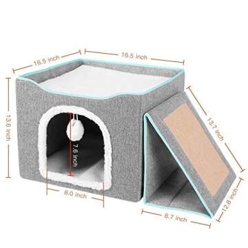 Upgraded Cat Beds for Indoor Cats - Foldable Cat Cube Cave House with Removable Sisal Rope Cat Scratcher and Fluffy Ball Hanging for Kitty Play, Outdoor Feral Cat Kitten Shelter with Warm Plush Bed