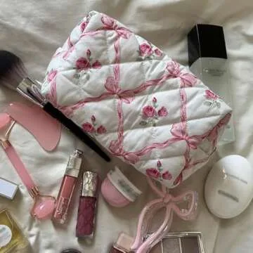 Coquette Small Makeup Bag - Pink Ribbons Quilted Organizer