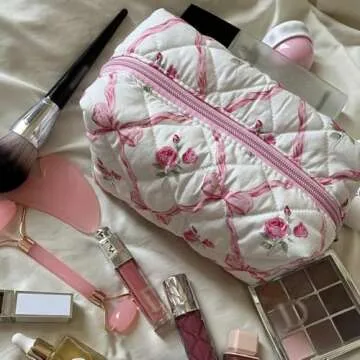 Coquette Small Makeup Bag - Pink Ribbons Quilted Organizer