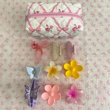 Coquette Small Makeup Bag - Pink Ribbons Quilted Organizer