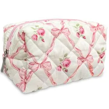 Coquette Small Makeup Bag - Pink Ribbons Quilted Organizer