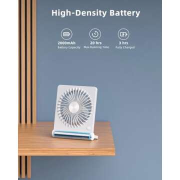 Koonie Portable Desk Fan, 3.5-20hrs Battery Operated Small USB Fan with Ultra Quiet 220° Tilt Folding, Rechargeable Personal Fan with 3 Speeds Strong Wind for Home Office Desktop, White