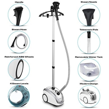 PurSteam Standing High-Pressure Garment Steamer for Clothes with Wheels, 4 Steam Levels