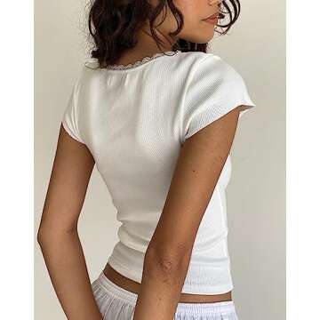 Women Fairy Grunge Y2k Shirts Square Neck Lace Patchwork Tops Aesthetic Clothes White S