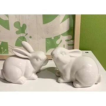 QIAOIDEA Set of 2 Porcelain Bunny Rabbit Statue Figurine Easter Spring Decoration Vintage Rustic Whi...