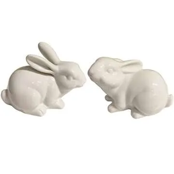 QIAOIDEA Set of 2 Porcelain Bunny Rabbit Statue Figurine Easter Spring Decoration Vintage Rustic White Bunny Figurines for Easter Dining Table Centerpiece Tiered Tray Bowl Shelf Ornament