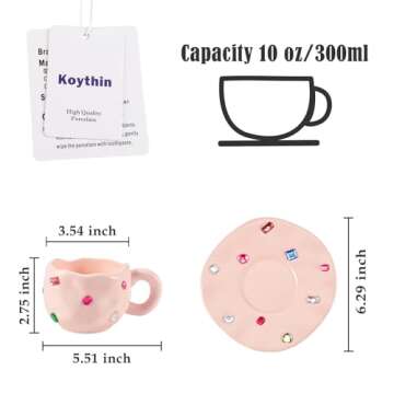 Koythin Ceramic Coffee Mug with Saucer Set, Novelty Cute Cup with Gemstone, Latte Art Creative Cup U...