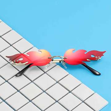 HDCRAFTER Fashion Flame Sunglasses for small face Women Rimless Wave Sun Glasses For Men Eyewear Luxury Trending Narrow (Red)