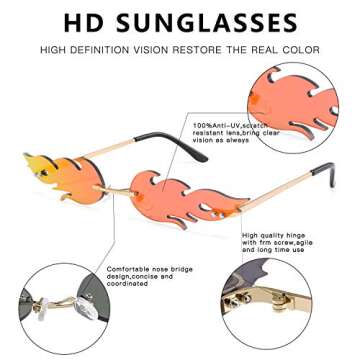 HDCRAFTER Fashion Flame Sunglasses for small face Women Rimless Wave Sun Glasses For Men Eyewear Luxury Trending Narrow (Red)