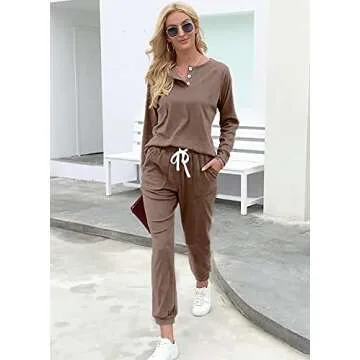 WIHOLL Lounge Sets for Women Fall Outfits 2 Piece Sweatsuits for Women Set Khaki M