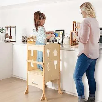 Costzon Toddler Tower, Foldable Kids Kitchen Step Stool w/Safety Rail, Height Adjustable Wood Standi...
