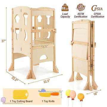 Costzon Toddler Tower, Foldable Kids Kitchen Step Stool w/Safety Rail, Height Adjustable Wood Standing Tower for Toddlers, Montessori Child Learning Tower for Bathroom, Kitchen Counter