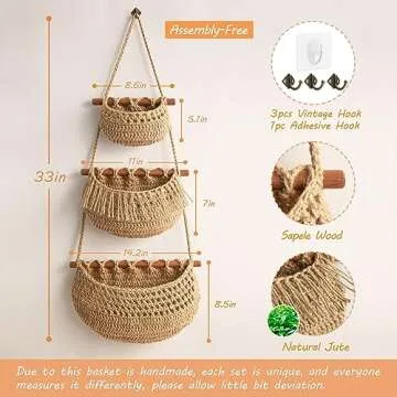 Hanging Fruit Basket, 3 Tier Over the Door Organizer, Handmade Woven Jute Wall Baskets for Organizing, BOHO Decor, Storage for Kitchen, Living & Bathroom Bedroom.