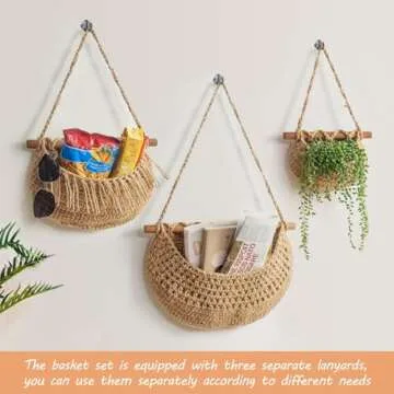 Hanging Fruit Basket, 3 Tier Over the Door Organizer, Handmade Woven Jute Wall Baskets for Organizing, BOHO Decor, Storage for Kitchen, Living & Bathroom Bedroom.