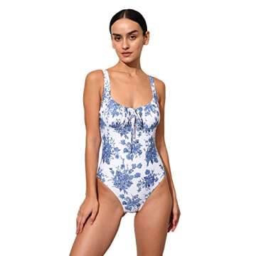 BERLOOK Women’s Tie Floral Sexy One-Piece Tankini Bathing Suits Slimming Swimsuit Blue