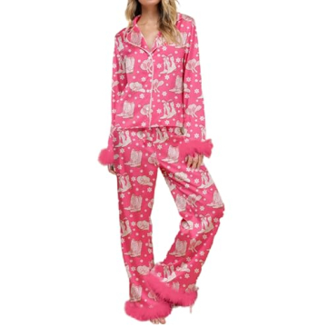 KMBANGI Women Feather Trim Pajama Set Long Sleeve Button Up Top Pants Fur Trim 2Pc Lounge Set Silky ...