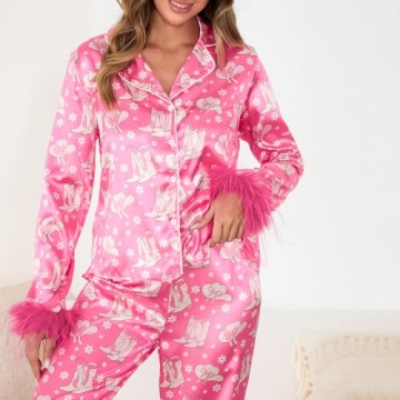 KMBANGI Women Feather Trim Pajama Set for Holiday Comfort
