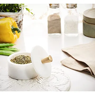 Queenza White Marble Salt Cellar with Brass Knob - Elegant Storage