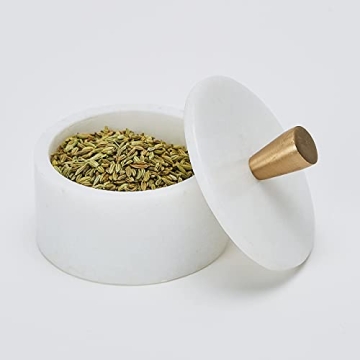 Queenza White Marble Salt Cellar with Brass Knob - Elegant Storage