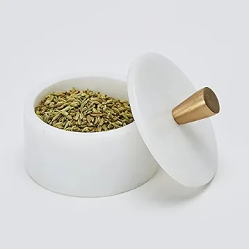 Queenza White Marble Salt Cellar with Brass Knob - Elegant Storage