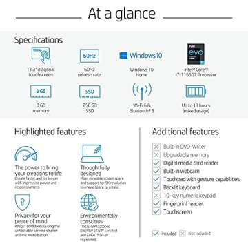 HP Envy 13 Laptop, 13.3" FHD 1080p Touchscreen, i7-1165G7 EVO, 8GB DDR4 RAM, 1TB SSD, Webcam with Sh...
