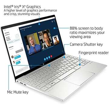 HP Envy 13 Laptop, 13.3" FHD 1080p Touchscreen, i7-1165G7 EVO, 8GB DDR4 RAM, 1TB SSD, Webcam with Shutter Switch, Backlit Keyboard, Fingerprint Reader, WiFi 6, Bluetooth 5, Windows 10 Home