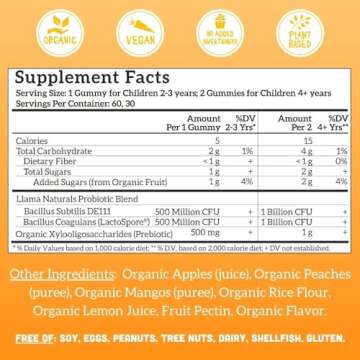 Llama Naturals Real Fruit Prebiotic & Probiotic Kids Gummies | No Added Sugar Cane | Vegan Organic Synbiotics | Children Digestion, Toddler Probiotic 2B CFU | 60 ct, 30-60 Days | Peach Mango