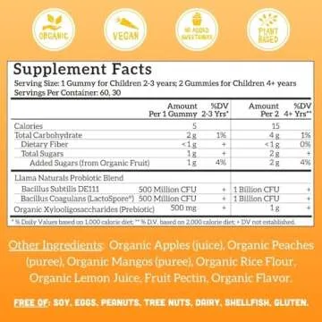 Llama Naturals Real Fruit Prebiotic & Probiotic Kids Gummies | No Added Sugar Cane | Vegan Organic Synbiotics | Children Digestion, Toddler Probiotic 2B CFU | 60 ct, 30-60 Days | Peach Mango