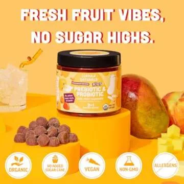 Llama Naturals Real Fruit Prebiotic & Probiotic Kids Gummies | No Added Sugar Cane | Vegan Organic Synbiotics | Children Digestion, Toddler Probiotic 2B CFU | 60 ct, 30-60 Days | Peach Mango