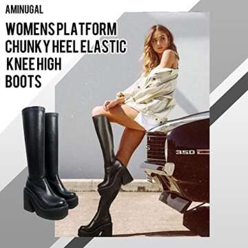 AMINUGAL Womens Elastic Knee High Boots Platform Chunky Block High Heel Sock Boots Zipper Round Toe Fashion Motorcycle Combat Punk Boots For Women