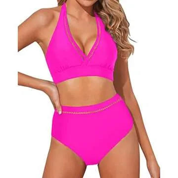 Tempt Me Hot Pink Two-Piece Swimsuit High Waisted Bikini